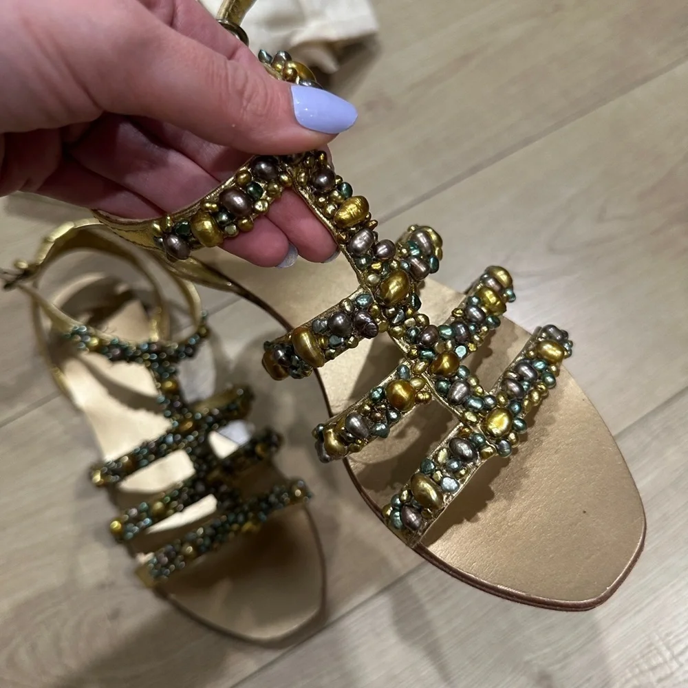 BO'EM Plage Italy Gold Hand Beaded Multi-Colored Faux-Pearl Sandals size‎ 38